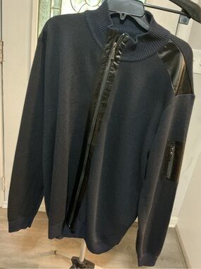 Men's Black & Navy Zip-Up Sweater with Leather-Look Shoulder Accents